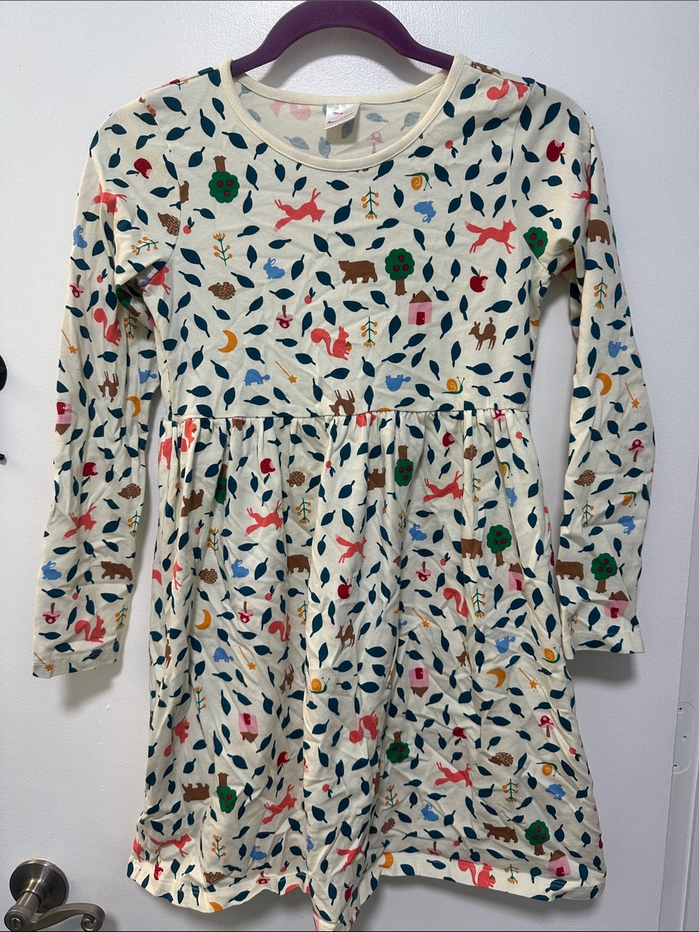 Girls Cream Long-Sleeve Dress with Multicolor Forest Print size 12